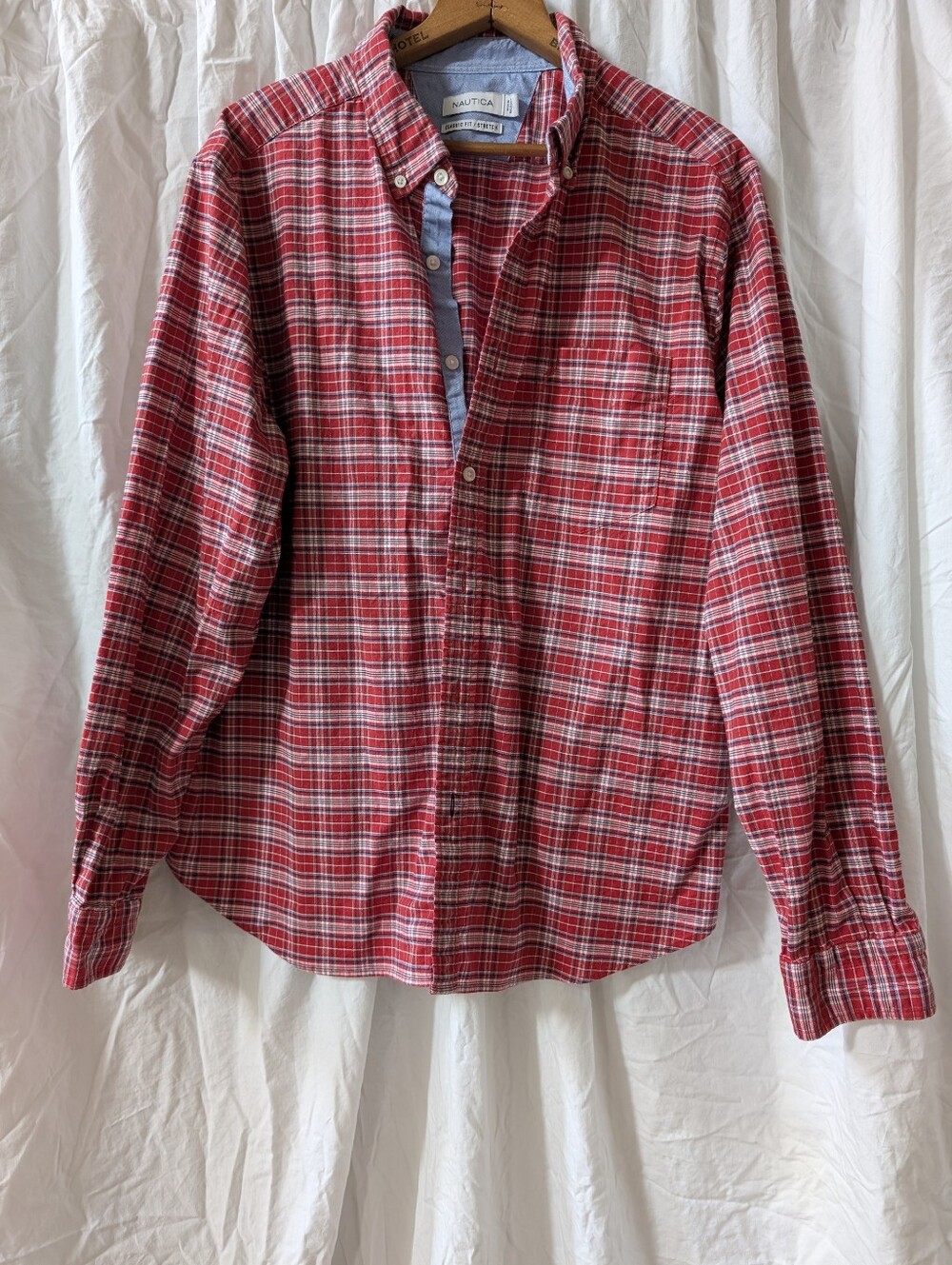 Nautica Men’s Red and White Plaid Button-Down Shirt
